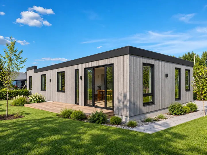 Visualização (IA) da casa com acabamento exterior